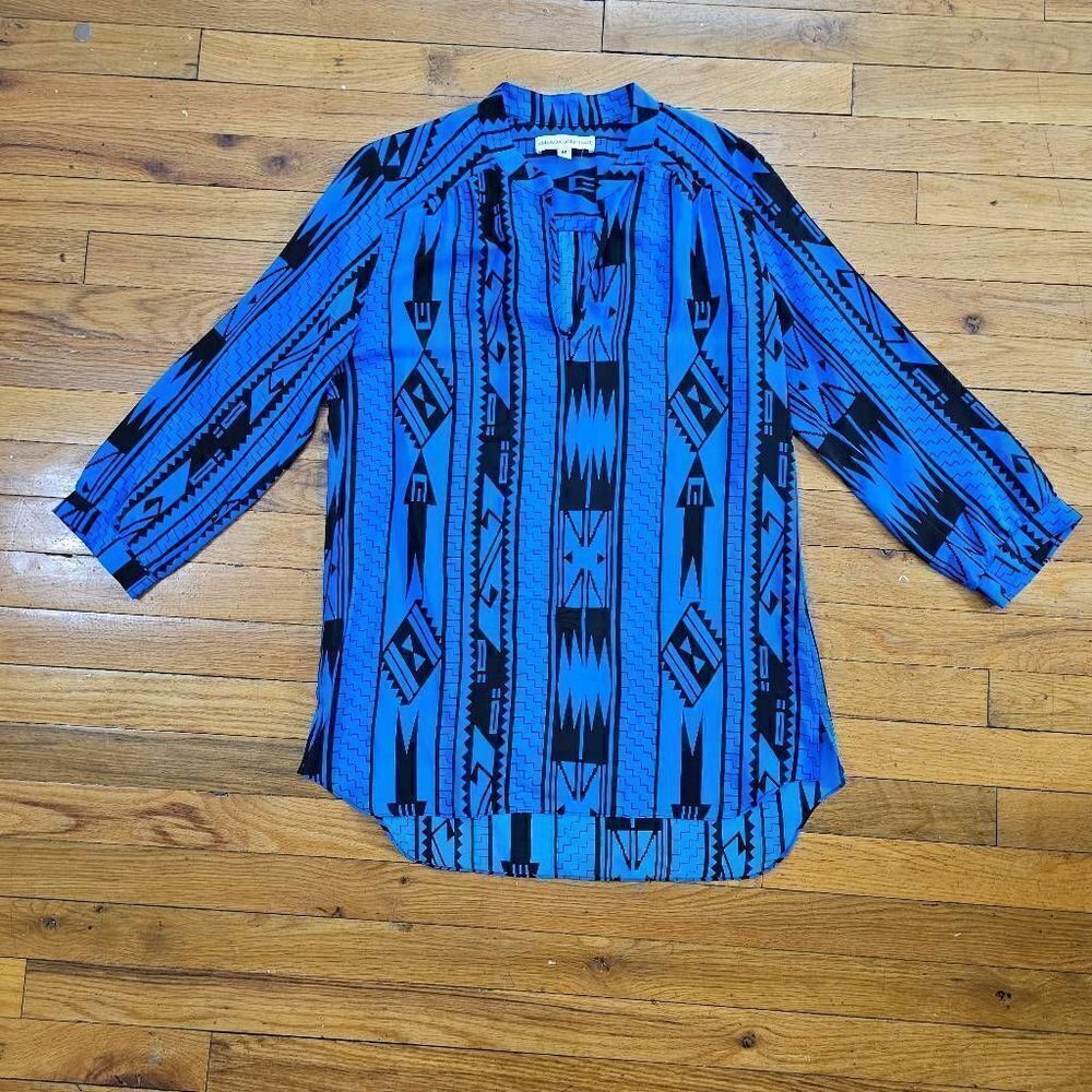 Amanda Uprichard Silk Top Blouse Medium Aztec Print Blue Black
